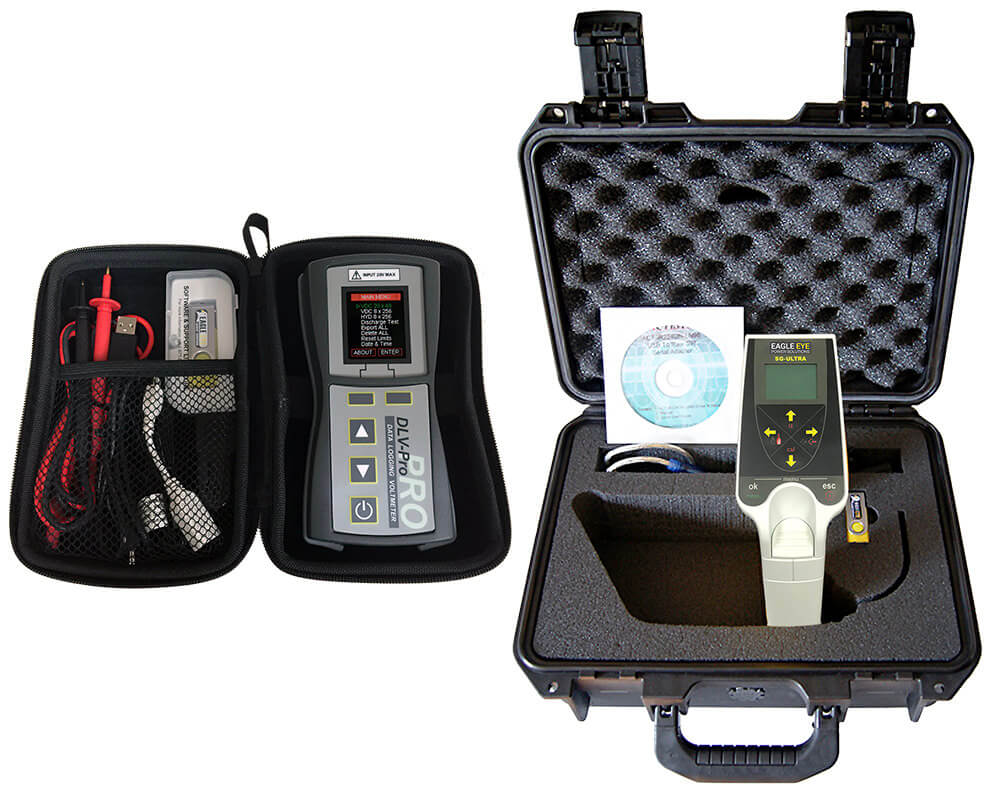 Eagle Eye Power Solutions DLV-Pro data logging voltmeter in soft carrying case with accessories and SG-Ultra digital hydrometer hard case kit with accessories