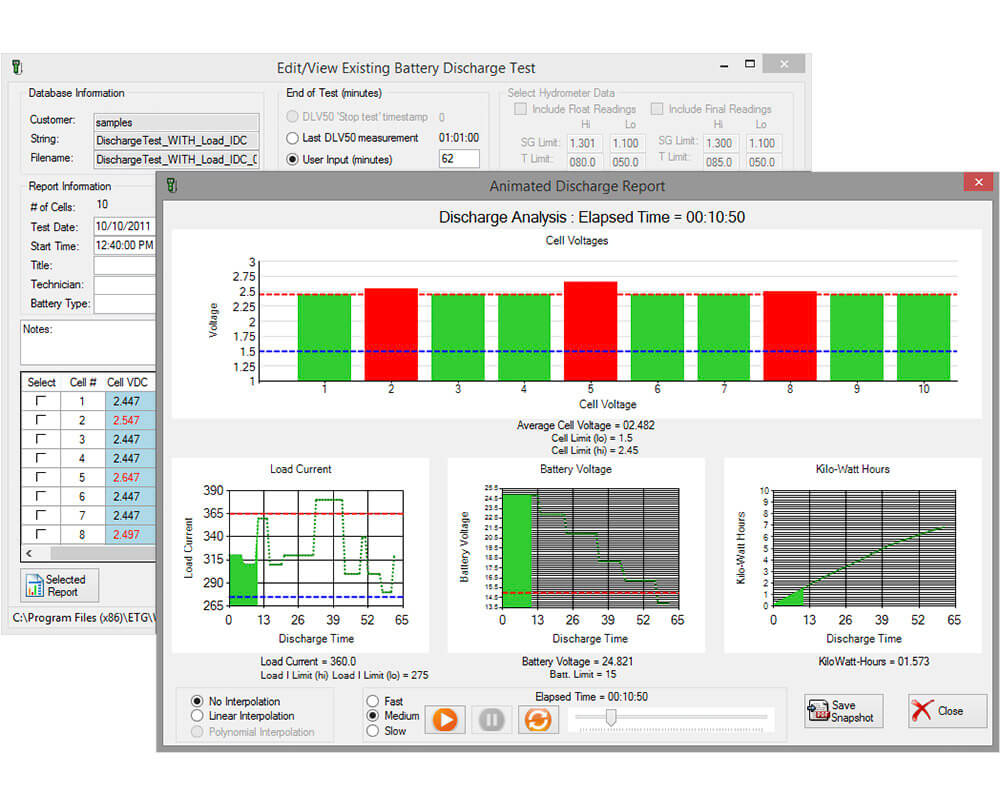Two overlaid screenshots of battery discharge test software data