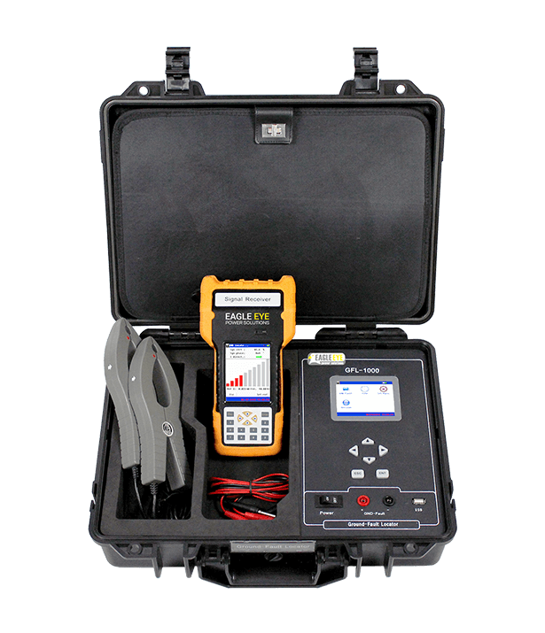 Eagle Eye Power Solutions GFL-1000 ground fault locator in hard carrying case with current clamps and portable receiver.