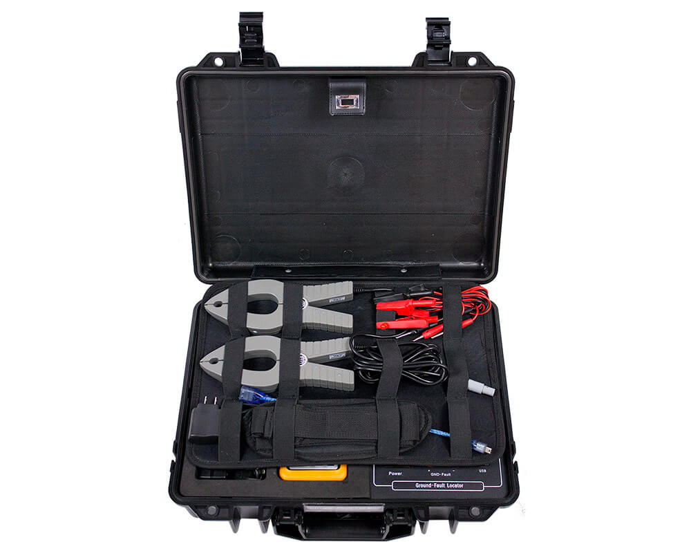 Inside of the Eagle Eye Power Solutions GFL-1000 hard carrying case with storage for clamps and cords