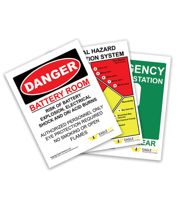 Three Eagle Eye Power Solutions warning signs for battery room