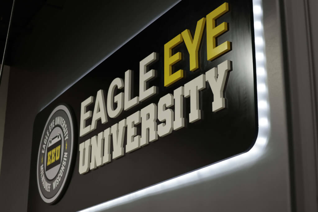 Eagle Eye University sign, located in the EEU Battery Lab.