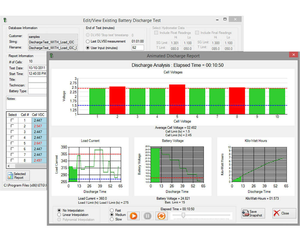 Two overlaid screenshots of battery discharge test software data.