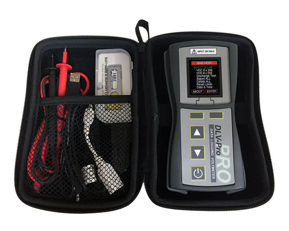 Eagle Eye Power Solutions DLV-Pro data logging voltmeter in soft carrying case with cords and USB drive.