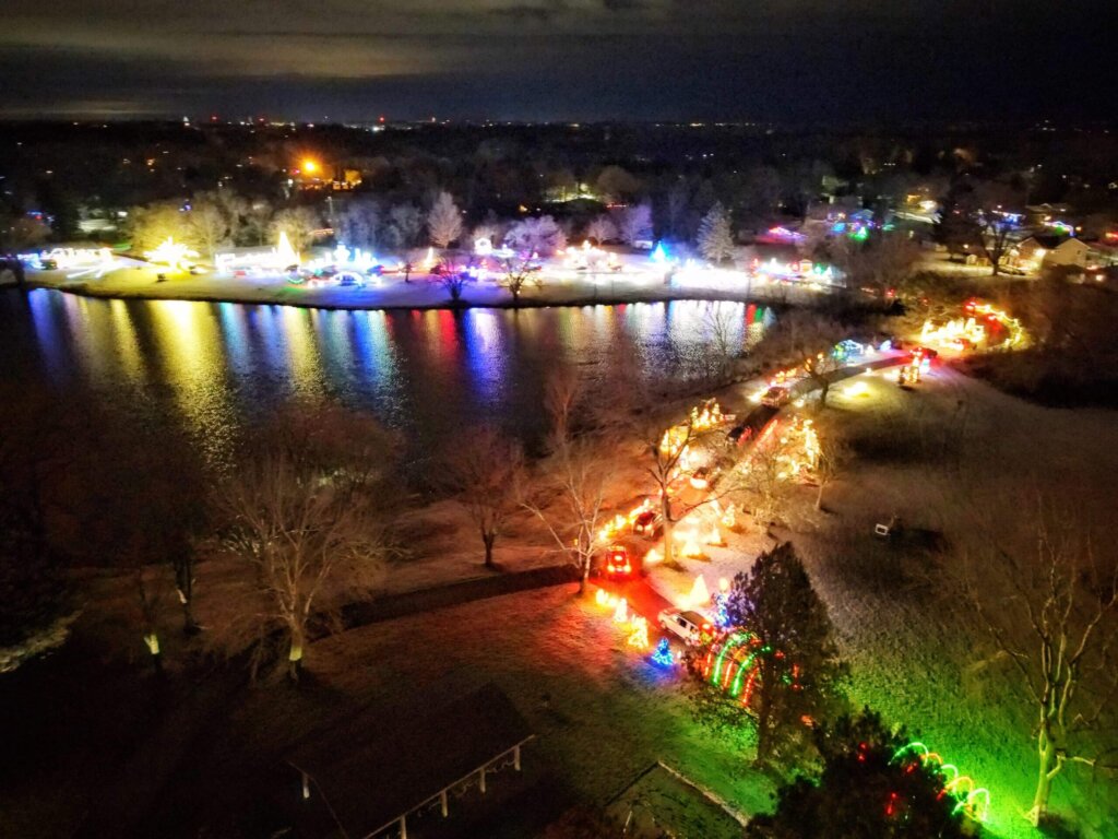 An aerial view of Cedarburg, Wisconsin's Christmas lights display, made possible in part by Eagle Eye Power Solutions.