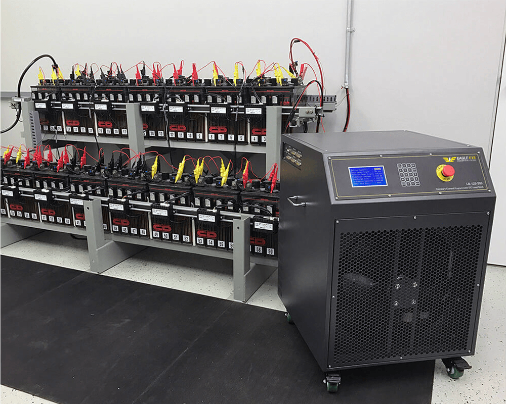 Eagle Eye Power Solutions constant current DC load band wired to battery rack