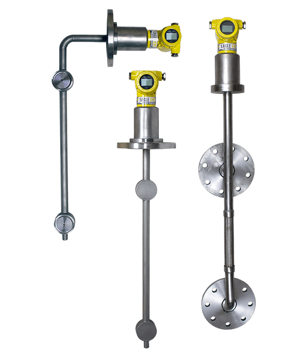 The DM-Series Inline Density Meters from Eagle Eye Power Solutions, featuring stainless steel construction, flange mounting, and bright yellow sensor heads for industrial applications requiring precise monitoring and control.
