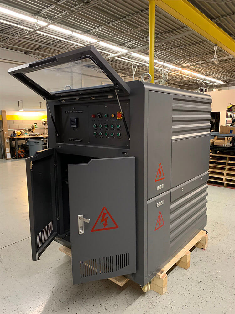 Eagle Eye Power Solutions large load bank with doors open and remote handheld controller in use.