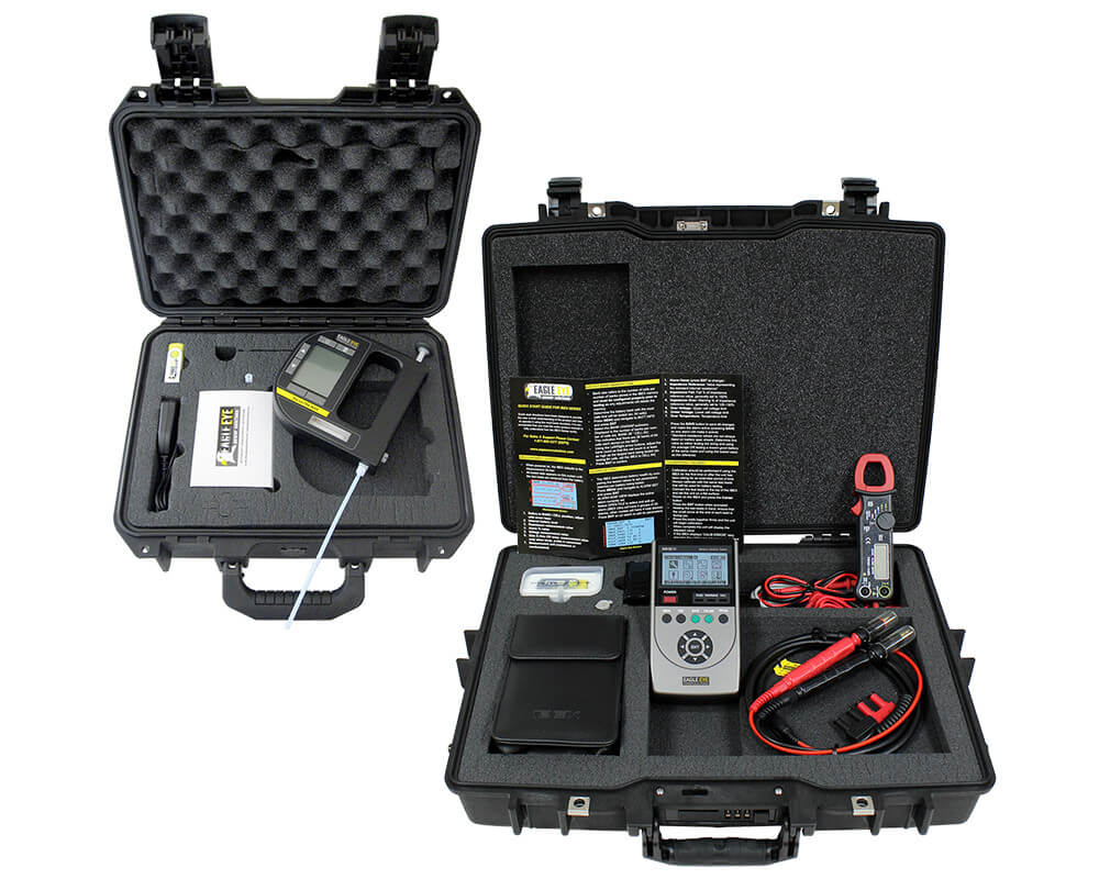 Two opened hard case kits with kit contents - Eagle Eye Power Solutions Ibex-Ultra portable battery tester and Eagle Eye Power Solutions SG-Ultra Max digital hydrometer