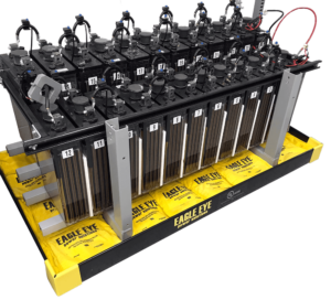 Eagle Eye Power Solutions Battery Spill Containment underneath racks of stationary batteries