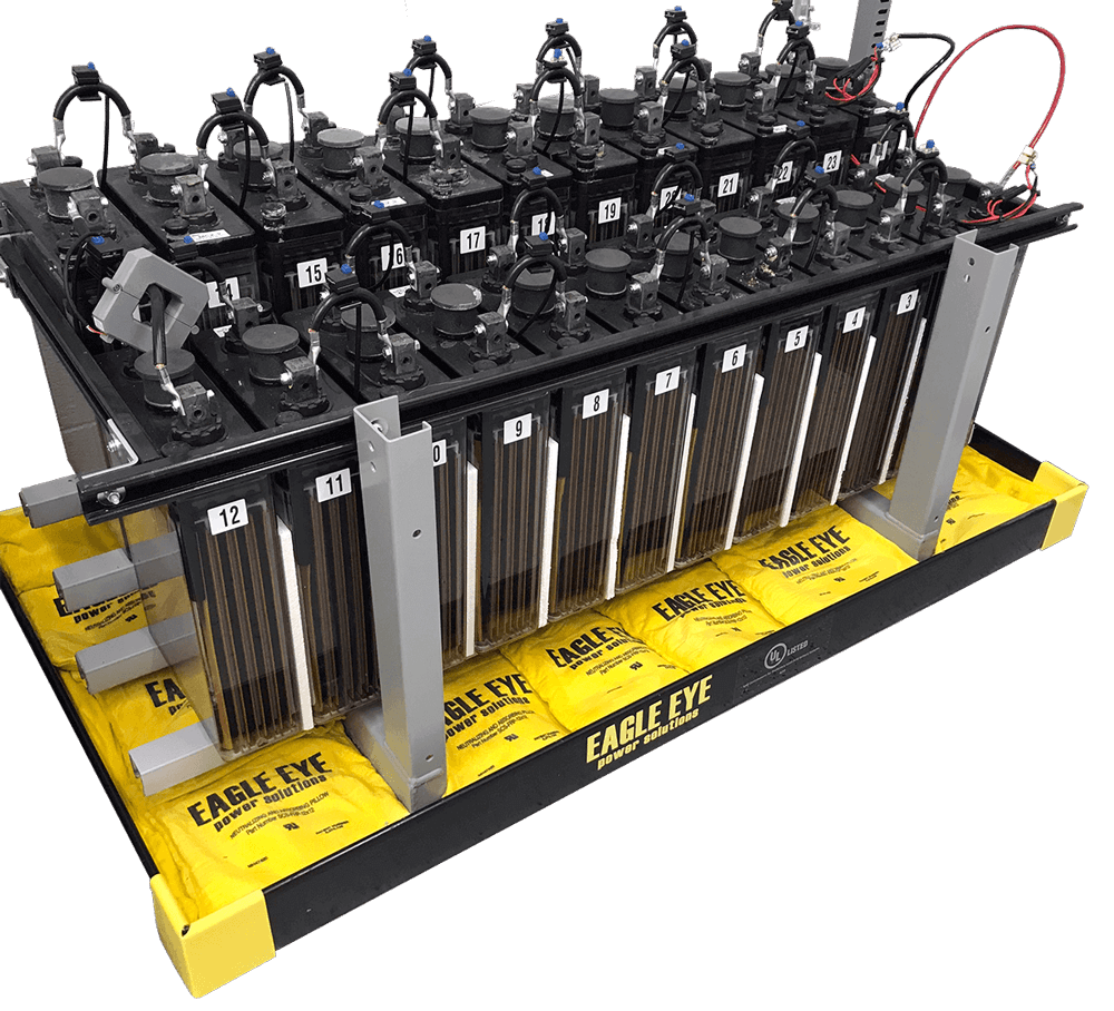 Eagle Eye Power Solutions Battery Spill Containment underneath racks of stationary batteries