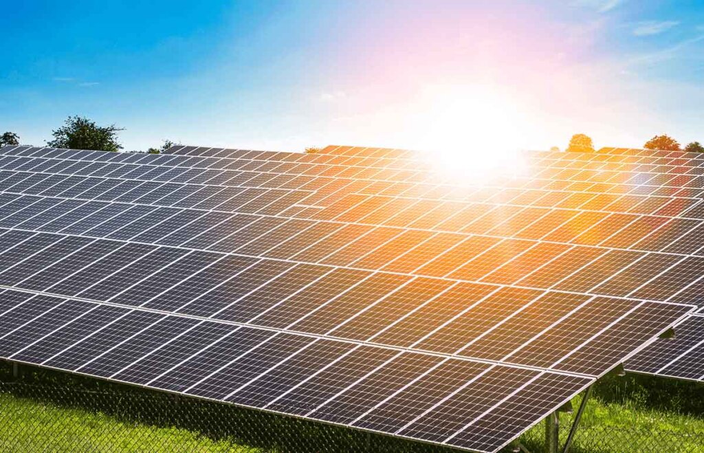 Solar panels reflecting the sun.