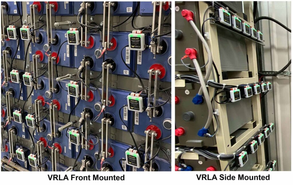 Two photos showing Eagle Eye Power Solutions VIGILANT sensors installed on VRLA (Valve Regulated Lead Acid) battery systems. The left image displays a front-mounted configuration with sensors installed directly on the front terminals of vertically stacked blue batteries. The right image shows a side-mounted setup with sensors aligned on the side of horizontally stacked batteries. Both demonstrate proper sensor placement and wiring, illustrating the need to consider harness length limitations for effective installation.