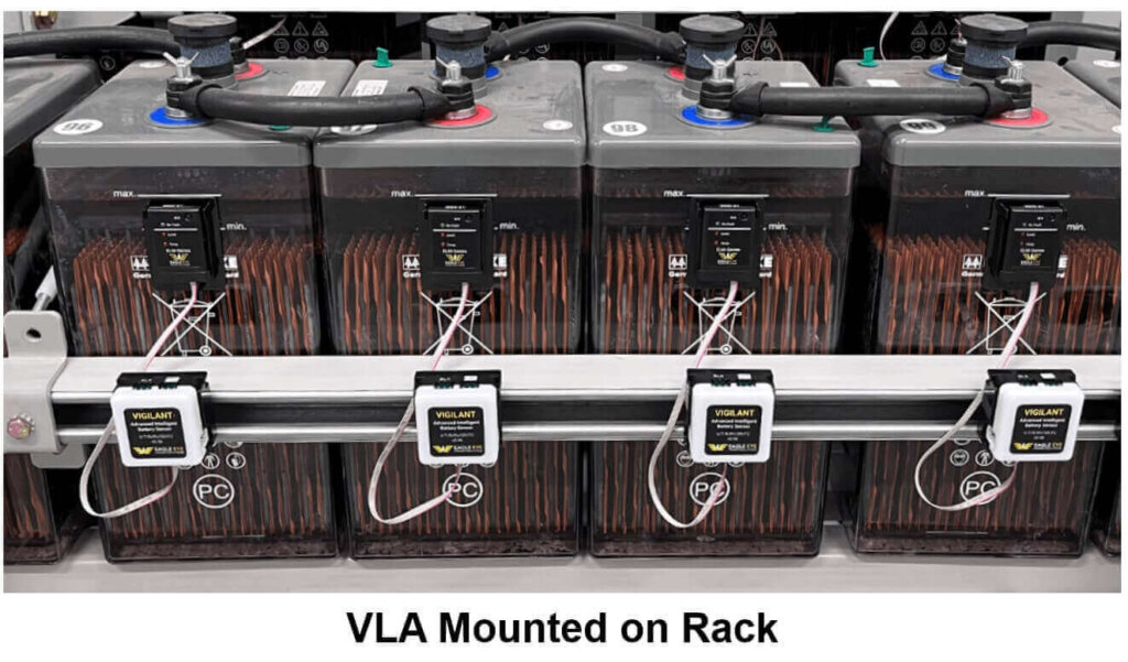 A row of VLA (Vented Lead-Acid) battery cells is mounted on a metal rack, each equipped with an Eagle Eye Power Solutions Vigilant® sensor on the front of the jar and a white communication module mounted below on the rack. Each sensor is connected by short RJ12 cables and pink ribbon cables to the lower modules. The caption below reads "VLA Mounted on Rack." The image demonstrates recommended sensor alignment for flooded battery systems, with sensors placed directly in front of each cell for accurate monitoring within cable length limits.