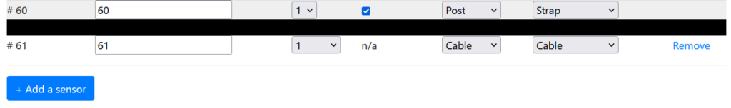 Screenshot of a sensor configuration table showing Sensor 60 and an added "+1 Sensor" labeled as Sensor 61. Sensor 60 has settings for post temperature and strap interconnect. Sensor 61 is configured with “n/a” temperature type and “Cable” for both interconnect and sense types. A blue "+ Add a sensor" button is visible below.