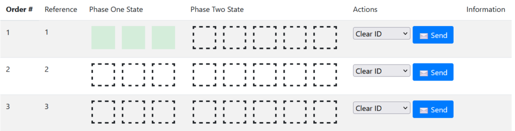Sensor setup interface showing three sensors. Sensor 1 has completed Phase One with three green boxes, while Sensors 2 and 3 are unassigned with all boxes empty. Options to clear ID and send commands are visible for each sensor.