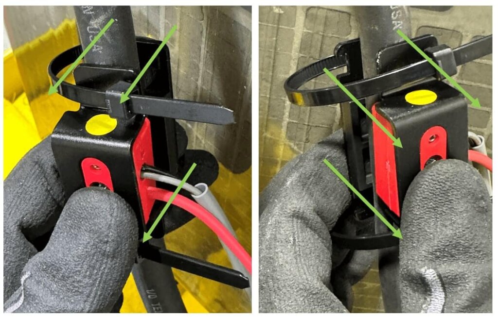 Two side-by-side images showing the installation of a red and black clamp on a battery cable. Green arrows highlight proper alignment between the clamp body and backplate, with cable ties being routed through the support bracket. The red wire faces toward the load, and both images demonstrate how to visually align the corners of the clamp and bracket for accurate positioning.