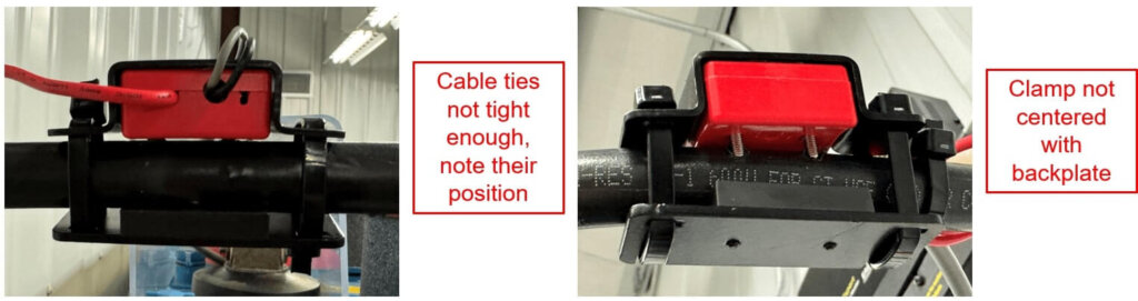 Two images showing incorrect cable clamp installations on a battery cable. The left image highlights cable ties that are not tight enough, as indicated by their raised position away from the clamp bracket. The right image shows a clamp that is not centered with the backplate, causing misalignment. These visuals accompany installation instructions for securing cable clamps on Eagle Eye Power Solutions' battery monitoring systems.