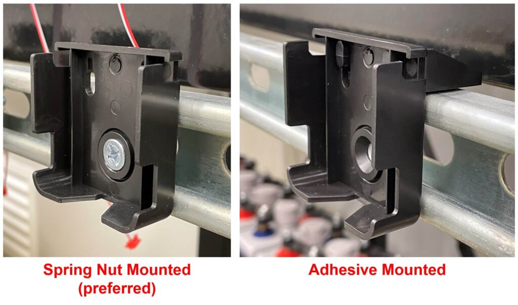 Side-by-side comparison of two sensor cradle mounting methods. The left image shows a cradle securely attached to a channel strut using a spring nut and screw (preferred method). The right image displays a cradle mounted using adhesive backing, intended only when hardware mounting is not feasible.