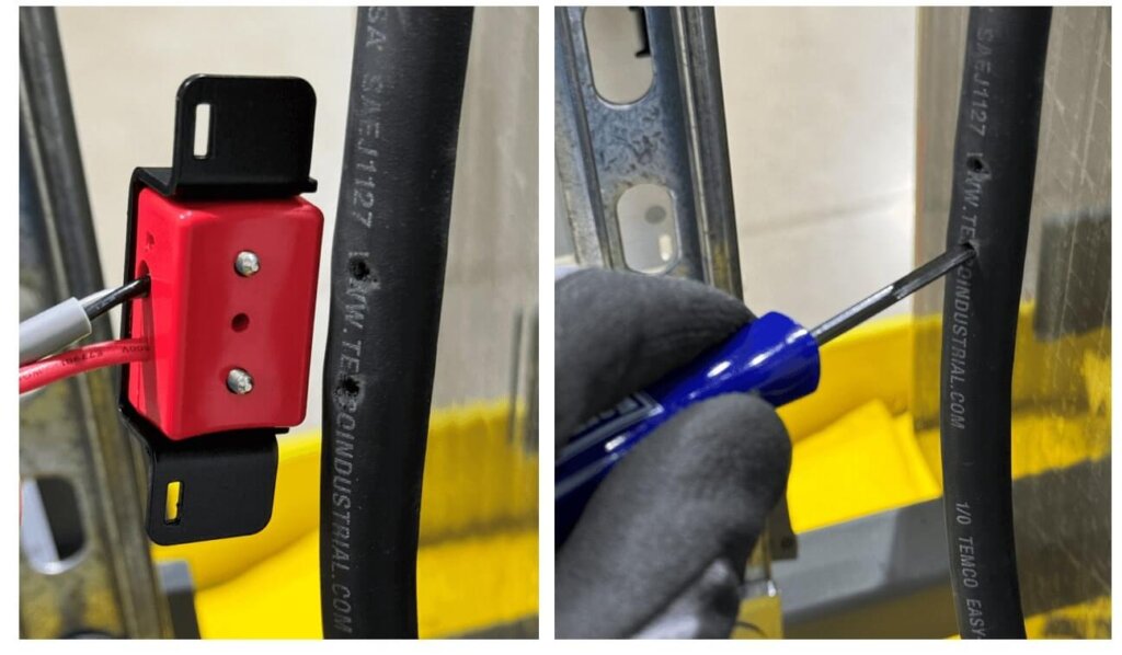 Two side-by-side images showing the process of preparing battery cable insulation for sensor clamp installation. The left image shows a mounted red clamp with inserted wires and grub screws. The right image displays a gloved hand using a boring tool to create precise holes in the insulation of a large black battery cable, ensuring copper exposure without using the grub screws for drilling.