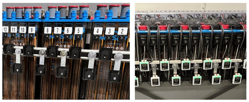 Two side-by-side images showing Vigilant® battery sensors installed on a string of clear flooded battery cells. The left image displays cell numbers labeled 1 to 12 with black sensor mounting brackets installed below each cell. The right image shows the Vigilant® sensors mounted in the brackets with clear green LED indicators on, aligned along a metal support rail. The setup ensures proper spacing for each sensor according to installation guidelines.