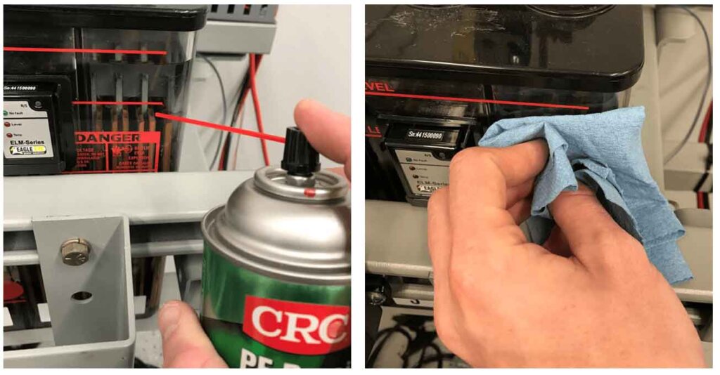 Two-step cleaning process for preparing battery jars before ELM sensor installation. The left image shows a person spraying CRC PF Precision Cleaner on the front surface of a flooded lead-acid battery jar. The right image shows the same area being wiped and buffed with a blue cloth to remove residue and ensure strong adhesion for the sensor cradle. Labels on the battery and ELM sensor are visible, indicating proper placement.