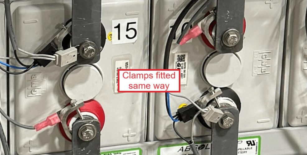 Close-up of battery terminals with round-post clamps installed. Both positive and negative terminals are shown with red and black sense wires attached using J-Clamps, all oriented the same way for consistency. The text overlay reads "Clamps fitted same way," emphasizing uniform clamp installation.