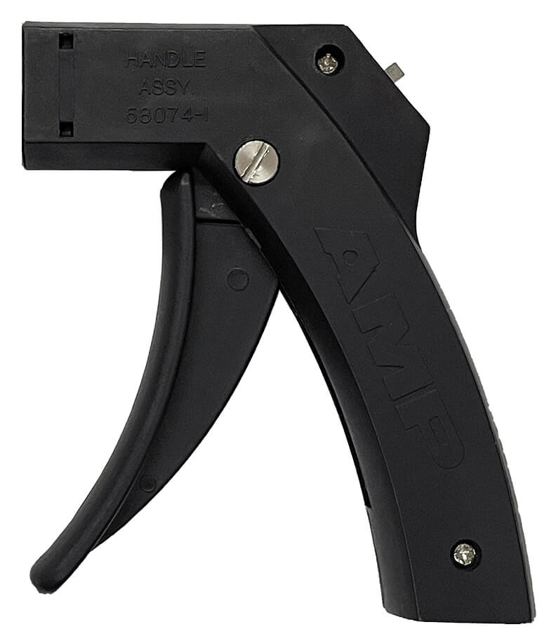 Black AMP brand IDC (Insulation Displacement Connector) hand crimping tool, model 58074-1. The tool features a pistol-grip design with a curved handle and visible metal trigger, used for securing wires into IDC connectors during electrical installations.