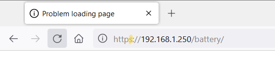 Web browser window showing a "Problem loading page" error while attempting to access the Vigilant® monitor's web interface at "https://192.168.1.250/battery/". The URL incorrectly includes "https" instead of "http", which is a common cause of loading issues when accessing local devices.
