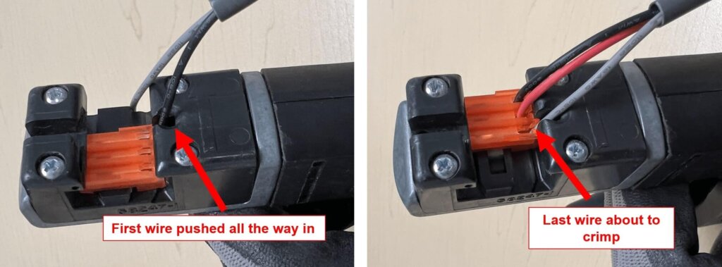 Side-by-side instructional images showing the correct wire insertion into a crimping tool. The left image is labeled “First wire pushed all the way in,” indicating a black wire fully seated into the orange connector block. The right image is labeled “Last wire about to crimp,” showing red and black wires positioned for final crimping into the tool. Both images highlight the steps in the crimping process using red arrows and captions.