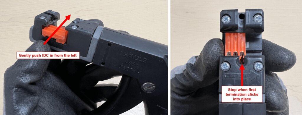 Two side-by-side images showing how to insert an IDC connector into an IDC crimp tool. The left image demonstrates a gloved hand gently pushing the orange IDC connector into the tool from the left. The right image shows a front view with the connector partially inserted and an arrow pointing to the first termination point where it should click into place.