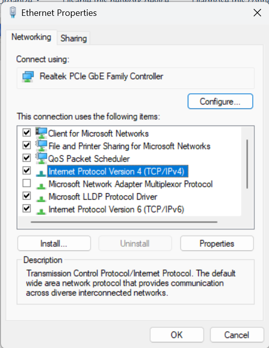creenshot of the Ethernet Properties window in Windows. The connection is using the Realtek PCIe GbE Family Controller. A list of items is shown with checkboxes, including "Internet Protocol Version 4 (TCP/IPv4)," which is selected and highlighted. The checkbox next to it is marked, indicating it is enabled. Instructions above the image indicate the user should ensure the checkbox is selected and then click the "Properties" button to continue configuration.