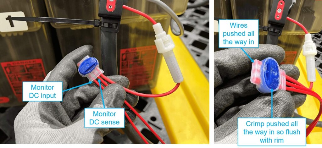 Two images showing a gloved hand holding a 3-way jelly crimp connector used to join power and sense wires from a DC monitor to a fused wire from a cable clamp. The left image labels the monitor DC input and sense wires, showing them inserted into the connector. The right image shows the wires fully inserted and the crimp flush with the connector rim, indicating a secure connection.