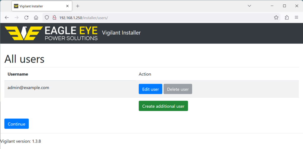 A page displaying all users entered into the Vigilant® Installer software.