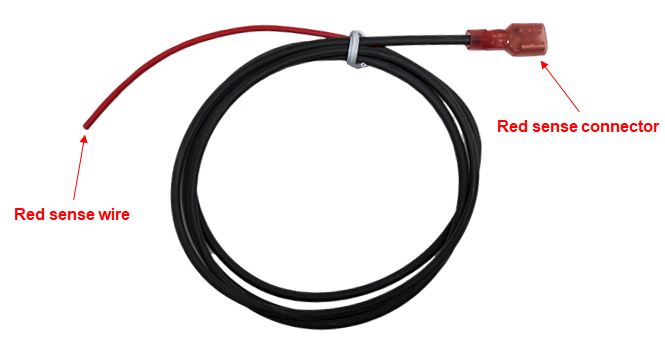 A labeled image of a Positive Tab Harness used in battery monitoring. The harness features a red sense connector on one end, which attaches to the positive post of a battery. Extending from the connector is a long black cable with a red wire exposed at the opposite end, labeled as the red sense wire. This red wire is used to measure both cell voltage (relative to a black sense wire on the same cell's negative post) and strap voltage (relative to a black wire on the next cell’s negative post).
