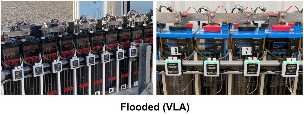 Side-by-side images of flooded (VLA) battery systems equipped with Eagle Eye Power Solutions' Vigilant® battery monitoring sensors. The left image shows a row of CD Technologies cells with black casings and red terminal covers. The right image displays PowerSafe batteries with transparent cases and blue terminal covers. Each battery is fitted with a Vigilant® sensor, visibly numbered and mounted to monitor individual cells. The label "Flooded (VLA)" is centered below the images.