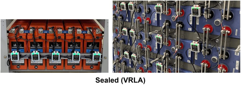 Two images showing Vigilant battery monitoring sensors installed on sealed VRLA (Valve-Regulated Lead-Acid) batteries. The left image displays orange front-terminal VRLA batteries with sensors attached to each unit. The right image shows a larger array of blue top-terminal VRLA batteries, each monitored by Vigilant modules. Text below reads "Sealed (VRLA)".