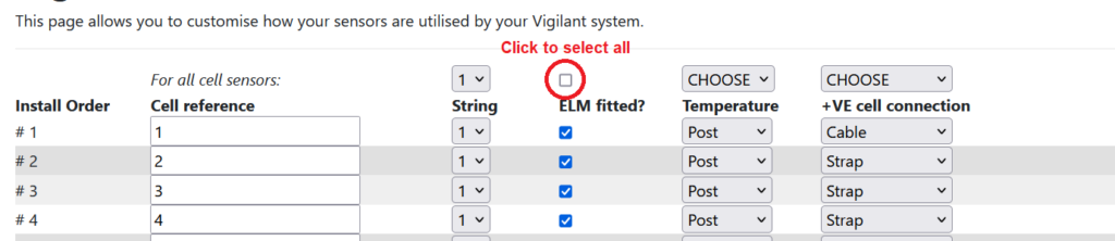 Screenshot of the Vigilant® Installer sensor setup page showing configuration options for each sensor. A red circle highlights the checkbox above the "ELM fitted?" column with the label “Click to select all,” allowing users to apply ELM sensor configuration to all rows. The table includes columns for install order, cell reference, string, ELM fitted checkbox, temperature measurement location, and positive cell connection type.