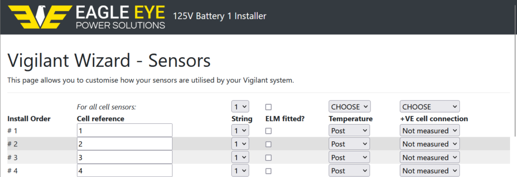 Screenshot of the "Vigilant® Wizard - Sensors" configuration page for the Eagle Eye Power Solutions Vigilant® system. It displays a table with sensor settings for Install Order, Cell Reference, String, ELM fitted, Temperature, and +VE cell connection. The first four sensors are listed with cell references 1 through 4, temperature type set to "Post," and +VE cell connection currently set to "Not measured."