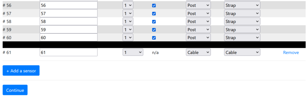 A sensor configuration screen showing sensor entries #56 to #61. Sensor #61 is being added with settings: String = 1, Temperature = Cable, +VE cell connection = Cable. A blue “+ Add a sensor” button and a blue “Continue” button are visible below the list.