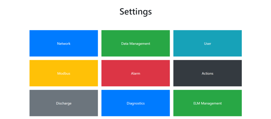Screenshot of the "Settings" page in the Vigilant® Installer interface, showing a grid of color-coded buttons for configuration options. Buttons include: Network (blue), Data Management (green), User (teal), Modbus (yellow), Alarm (red), Actions (dark gray), Discharge (gray), Diagnostics (blue), and ELM Management (green).