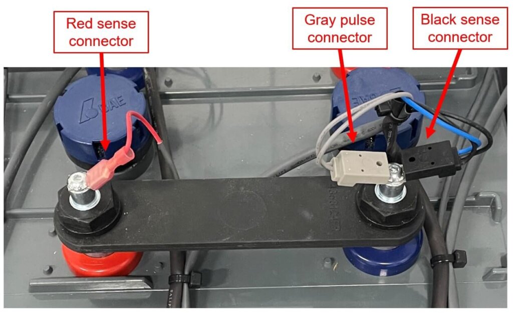Close-up view of a battery terminal setup showing three labeled connectors: a red sense connector attached to the positive terminal, a gray pulse connector, and a black sense connector both attached to the negative terminal. The connectors are part of a battery monitoring system, with clearly labeled arrows indicating each component. The battery caps are blue and marked with the BAE logo.