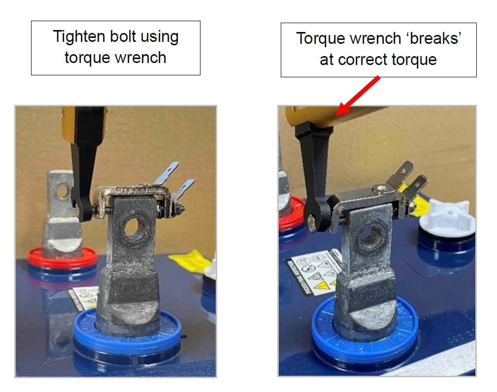 Side-by-side instructional images showing proper use of a torque wrench on a battery terminal. The left image demonstrates the wrench tightening a bolt, while the right image illustrates the torque wrench 'breaking' or clicking to indicate that the correct torque has been reached. Labels above each image guide the viewer through the process.