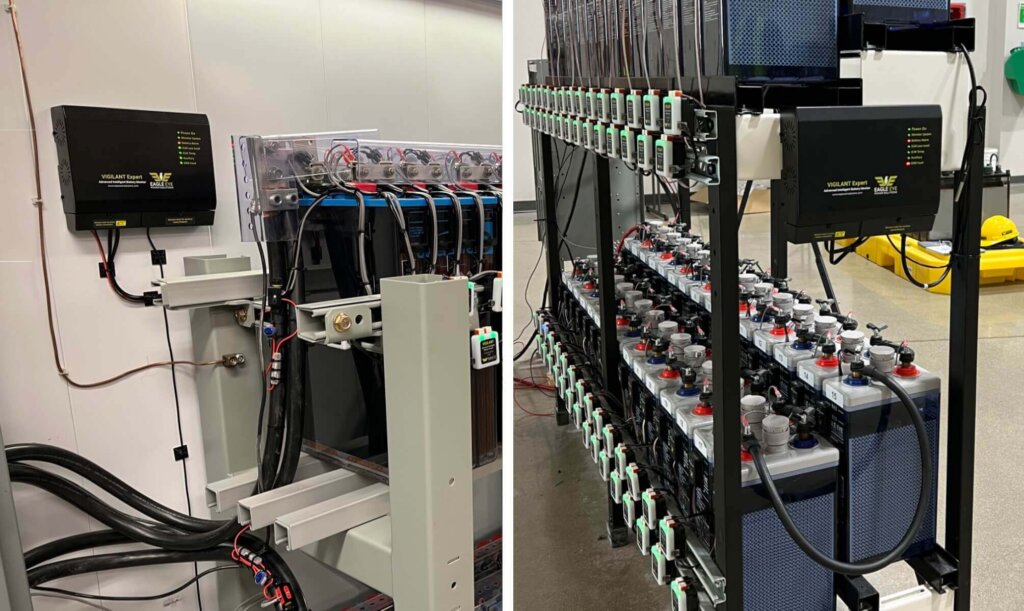 Side-by-side images showing two examples of Vigilant® Expert battery monitor installations by Eagle Eye Power Solutions. The left image features the monitor mounted on a wall near the battery mains, while the right image displays the monitor mounted directly on the battery rack. Both setups show connected sensors and wiring installed on large stationary battery banks.