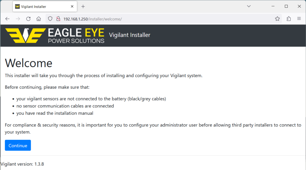 The welcome page of Eagle Eye Power Solutions' Vigilant® Installer software