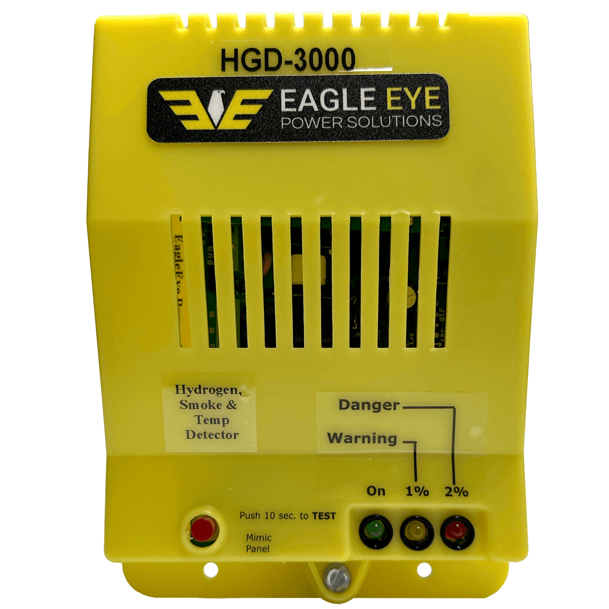 The HGD-3000i H2 Hydrogen Gas & Smoke Detector by Eagle Eye Power Solutions, equipped with LED indicators for danger, warning, and operational status, designed to ensure safety in critical power environments.