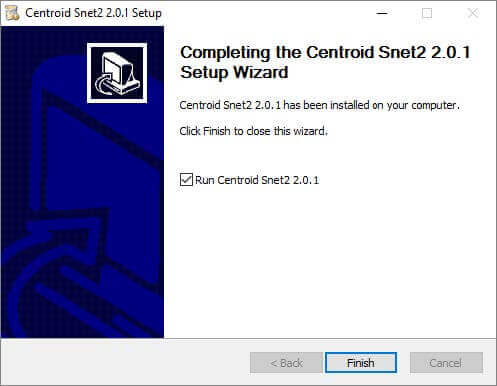 Centroid Snet2 2.0.1 Setup Wizard completion screen showing successful installation with the option to run the program selected and the "Finish" button highlighted.