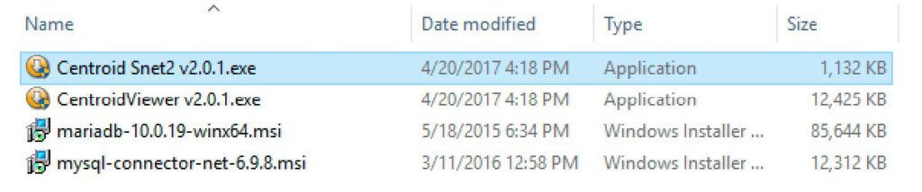Windows File Explorer showing installation files for Centroid Snet2 v2.0.1, CentroidViewer v2.0.1, MariaDB 10.0.19, and MySQL Connector Net 6.9.8, including file types, modification dates, and sizes.