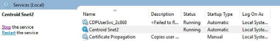 Windows Services panel showing Centroid Snet2 service actively running with automatic startup type under the Local System account, with options to stop or restart the service.