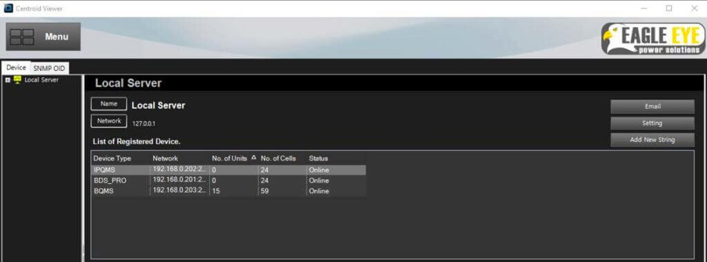 Centroid Viewer interface displaying the Local Server dashboard with a list of registered devices, including IPGMS, BDS_PRO, and BQMS, all showing online status. Eagle Eye Power Solutions logo is visible in the upper right corner.